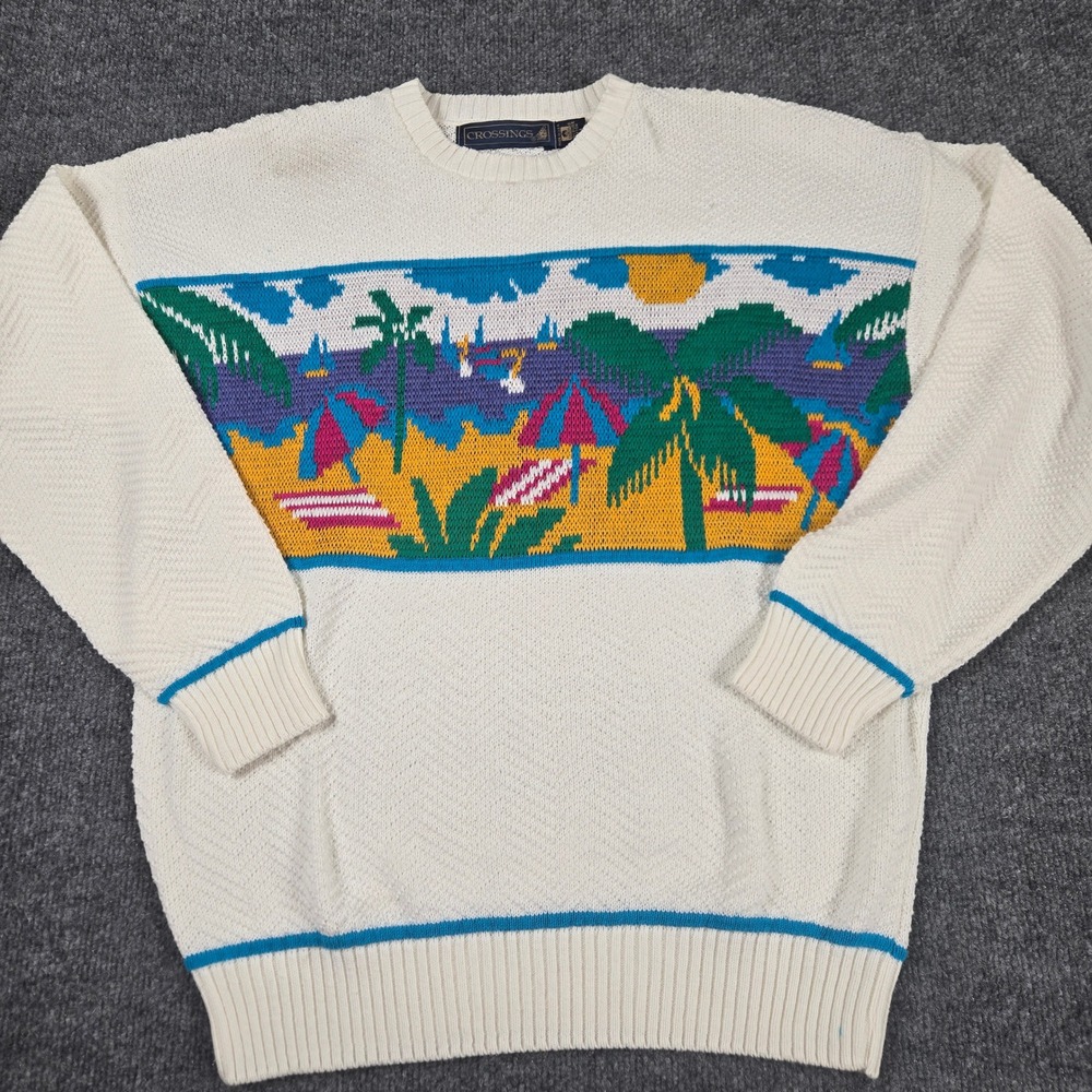 Vintage Crossings Beach Scene Sweater Mens Medium Cream Vintage USA Cotton